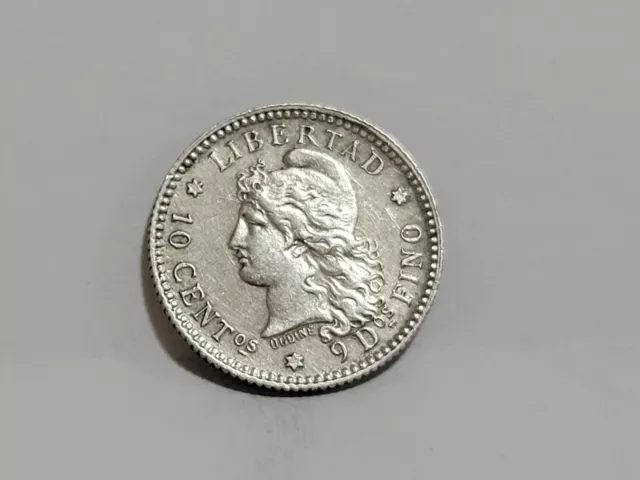 1883 Republic Argentina Silver 10 Centavos AU+