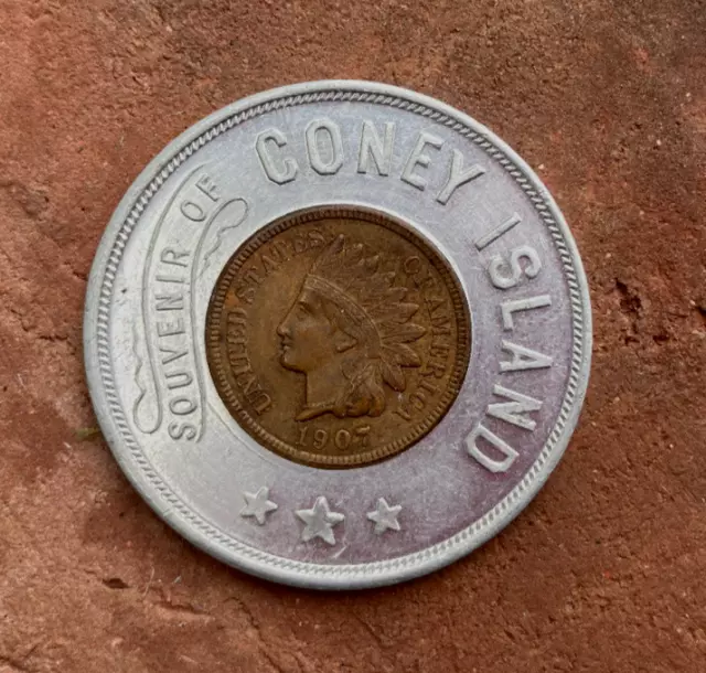 Vintage Coney Island Souvenir Encased 1907 Indian Head Penny / Coin