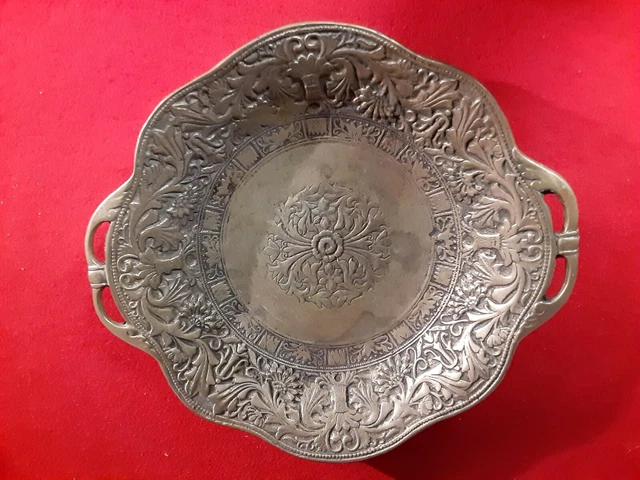 Ornate Heavy Beautifully Detailed Brass Bowl or Tray with Embossed Floral Relief