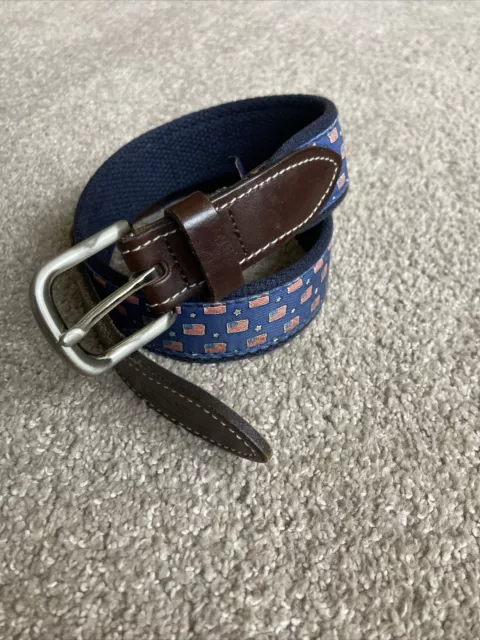 Vineyard Vines Boys Blue American Flag Belt Size 24 Brown Leather Brass Buckle