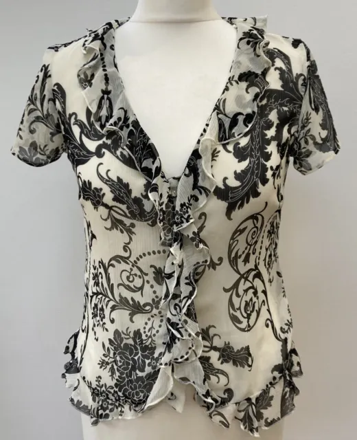 Wallis blouse sheer cream/black print ruffle front Size 10