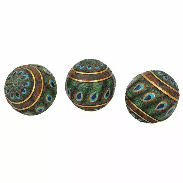 Set Of 3 Peacock Feather Balls Colorful Decorative Textured Orbs Display Decor 2