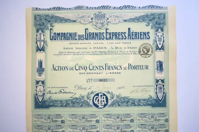 Compagnie Des Grands Express Aeriens Action De 500 Francs Paris 1922