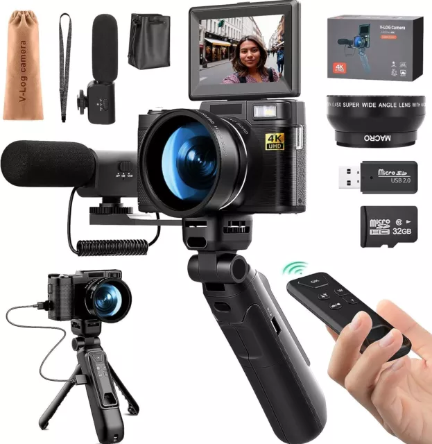 4k Digital Camera 48MP Vlogger Kit Microphone Remote Control Tripod Grip w/ Len