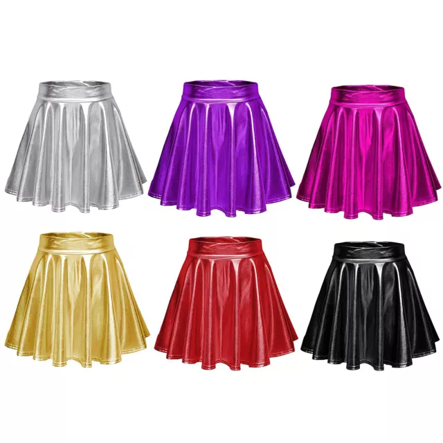 Damen Wetlook Minirock Shiny Metallic Mini Skater Rock Tanz Tutu Party Clubwear