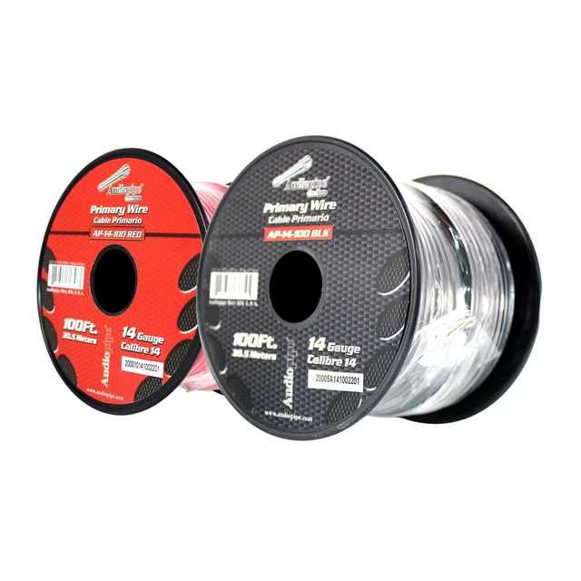 Carrete de cable remoto de alimentación a tierra primaria Audiopipe (2) 14ga 100 ft CCA rojo y negro