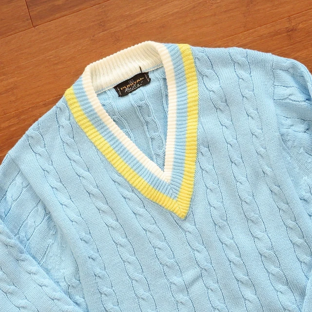 Unisex Vintage V Neck Tennis Sweater Pastel Blue Size 40 Chest