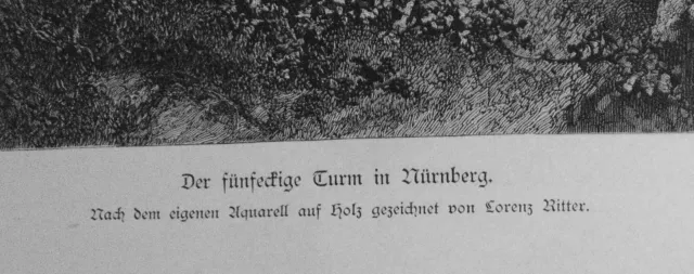 Der Fünfeckige Turm Zu Nürnberg, Lorenz Ritter. 1884 - Original Antik Aufdruck 2