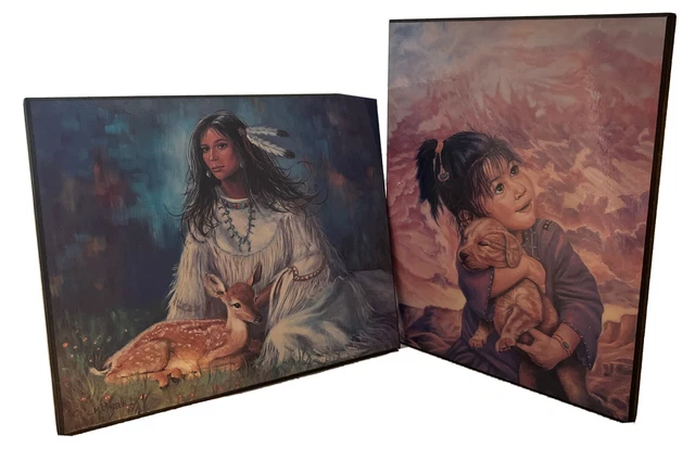 Native American Wall Art  Lot Of 2 -Women With Deer Child With Puppy