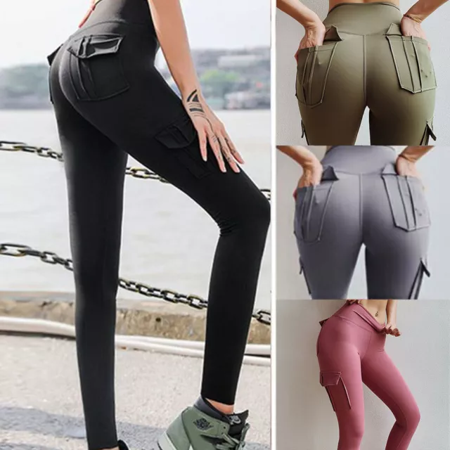 Donna Cargo Yoga Leggings Con 4 Tasche Contenitivo Pantaloni Vita Alta +