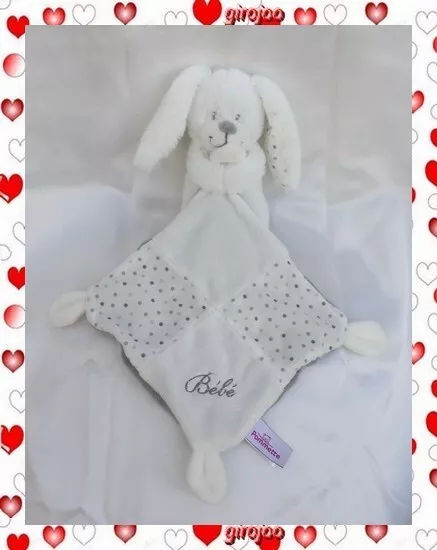 Doudou Peluche Lapin Blanc Avec Mouchoir Bébé Pois Gris Pommette