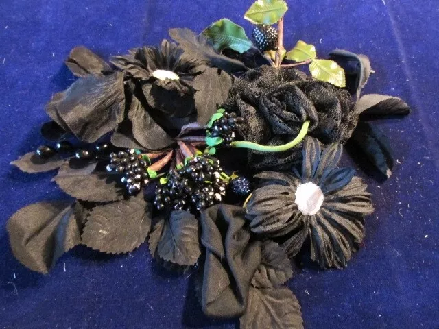 Vtg Millinery Flower Collection All Black with Lace Fruit Berry & More H4901