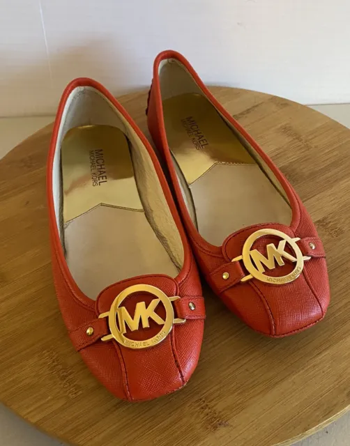 Michael Kors Fulton Slip on Leather Moccasin Ballet Flat Shoes Size 7.5 Orange