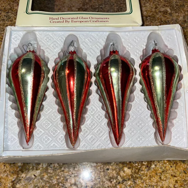 Vintage Ornament Glass Christmas Tree Ornaments Teardrop 6” Set of 4