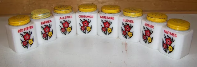 Set Of 8 McKee Tipp City Milk Glass Spice Shakers With Flowers