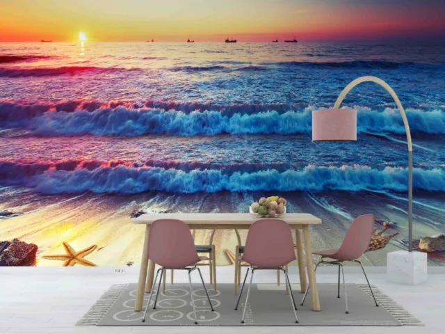 3D Sunset Glow Sea Starfish Conch Self-adhesive Removable Wallpaper Murals Wall