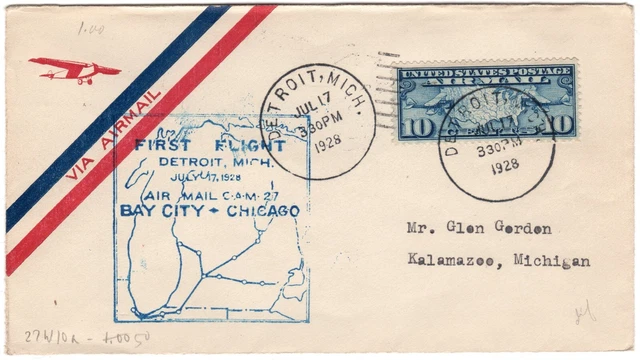 Scott #c7 First Flight Bay City to Chicago Detroit, MI 07/17/1928 Kalamazoo