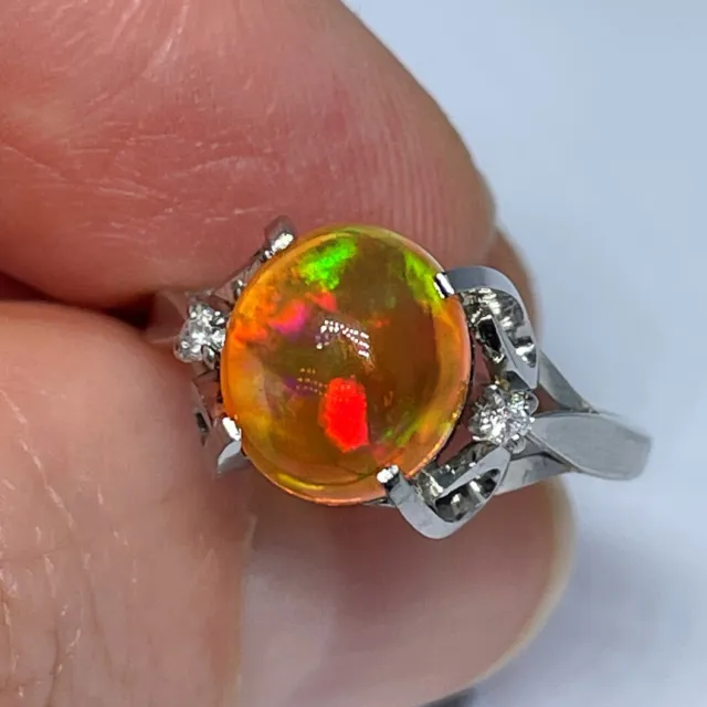 Precious Fire Opal Diamond Engagement Ring Platinum Rainbow Crystal Natural Cab