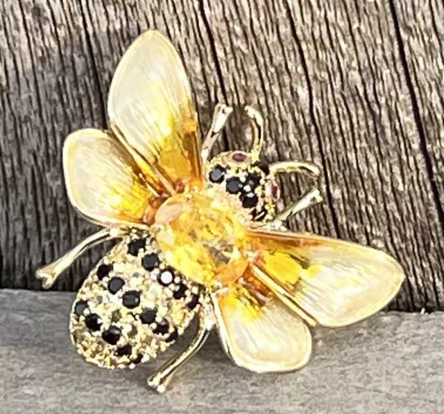 Yellow Bumble Bee Crystal Glass Rhinestone Brooch Pin Gold Tone Fashion Jewelry