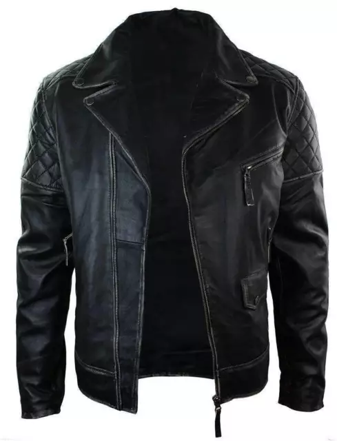 Men's Marlon Brando Style Classic Black Distressed Biker Leather Jacket