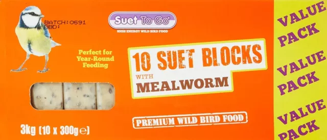 Suet To Go Mealworm Suet Block Wild Bird Treat, 300 g ( Pack of 10)