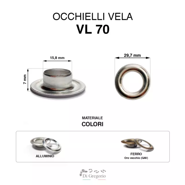 Occhielli vela VL70 Ø 29,7mm alluminio ferro ottone acciaio inox nautica 100pz