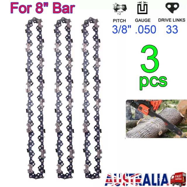 3x 8'' INCH CHAINSAW CHAIN 3/8LP Pitch 33DL 33 Links 0.050 GAUGE REPLACEMENT SAW