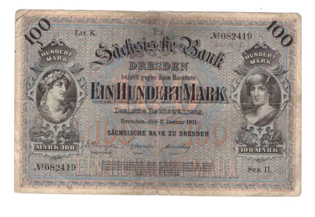 Original Banknote der Sächsische Bank Dresden 100 Mark 2. Januar 1911