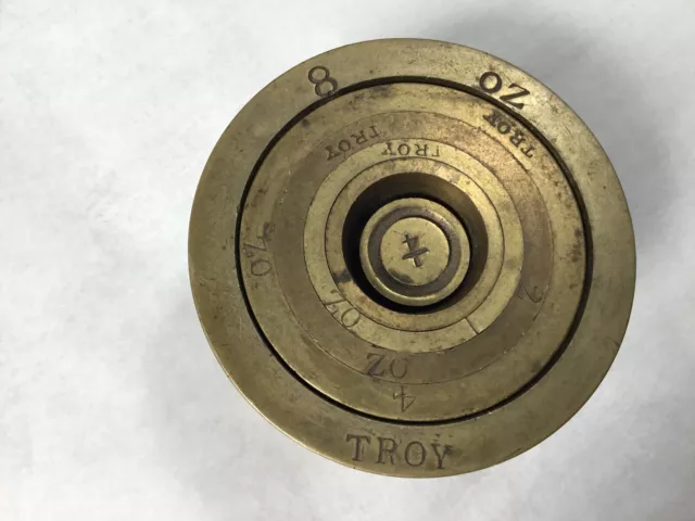 Antique Brass Troy Weights nested 8oz, 4 oz, 1 oz, 1/4 oz