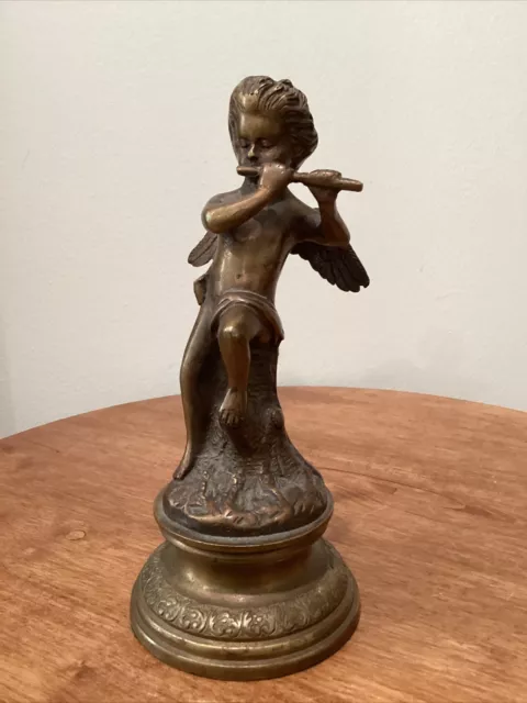 Art Nouveau Bronzed Cherub Baby Angel Musician Playing Flute Sculpture