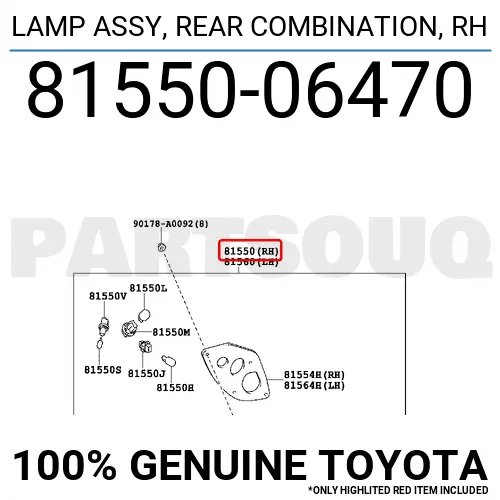 8155006470 Genuine Toyota LAMP ASSY, REAR COMBINATION, RH 81550-06470 OEM