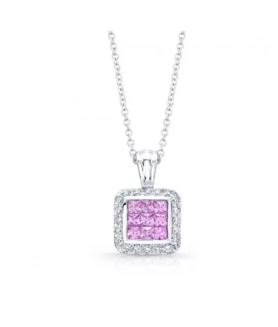 18K or Blanc Saphir Rose Diamant Pendentif Carré Collier Naturel 1.55 Carats