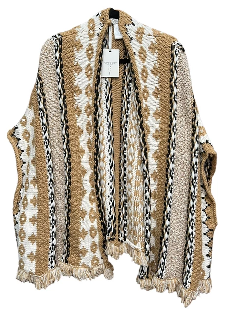 COCOGIO CAMEL BLACK Ivory Fair Isle Fringe Knit Open Cardigan