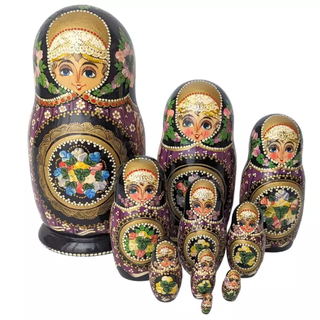 Russian Hand Painted Wood 10 Piece Nesting Doll Matryoshka Signed 1997 9.5"