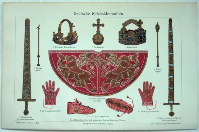 German Crown Jewels - Original 1905 Chromolithograph by Meyers. Antique