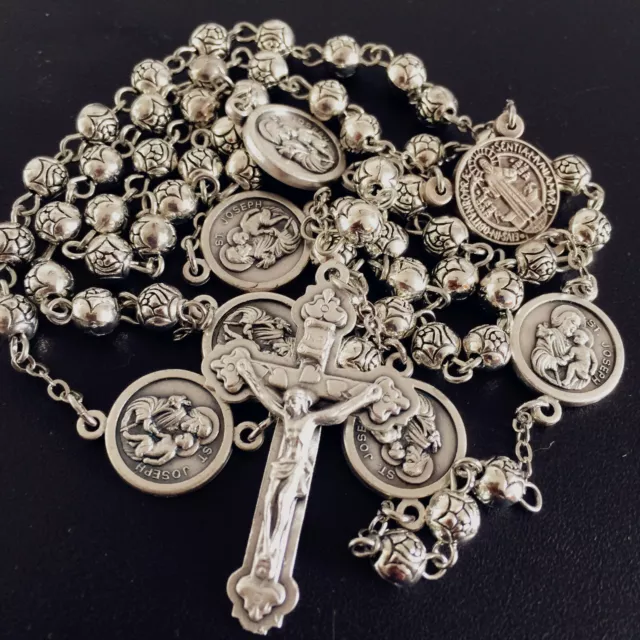 SILVER Rose bead ST. JOSEPH Rosary & Italy Crucifix Cross catholic necklace box