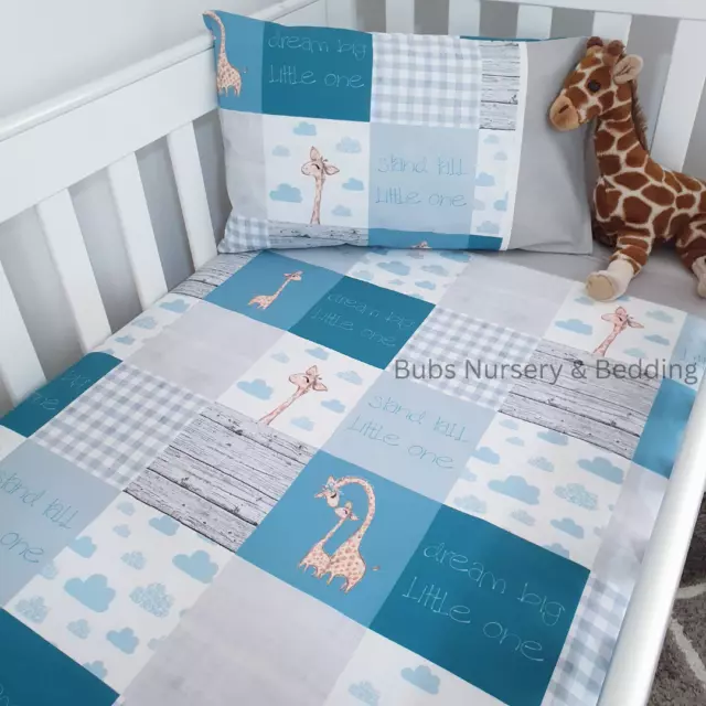 New "Giraffe" patchwork Cot quilt + toddler pillowcase set - teal blue, grey