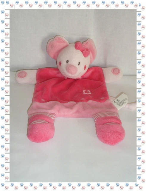 ⑥ - Doudou Semi Plat Souris Rose Fuchsia Broderies Fleurs Ronds  Nicotoy