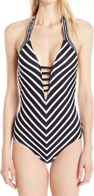 Jantzen Womens Stripe Interrupted Plunge Halter One Piece Swimsuit Black Size 10