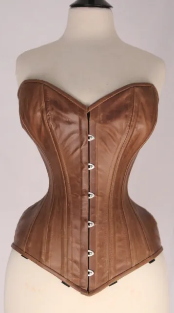 Brown Antique Real Leather Real Steel Double Bones Over Bust Lace up Busk Corset