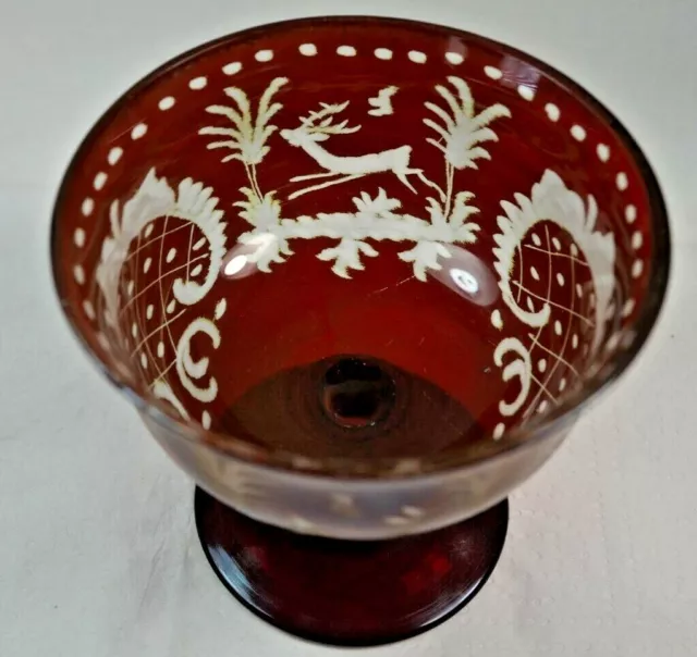 Ruby Red Flashed Stag Glass Antique Bohemian Czech Hand Cut To Clear Goblet
