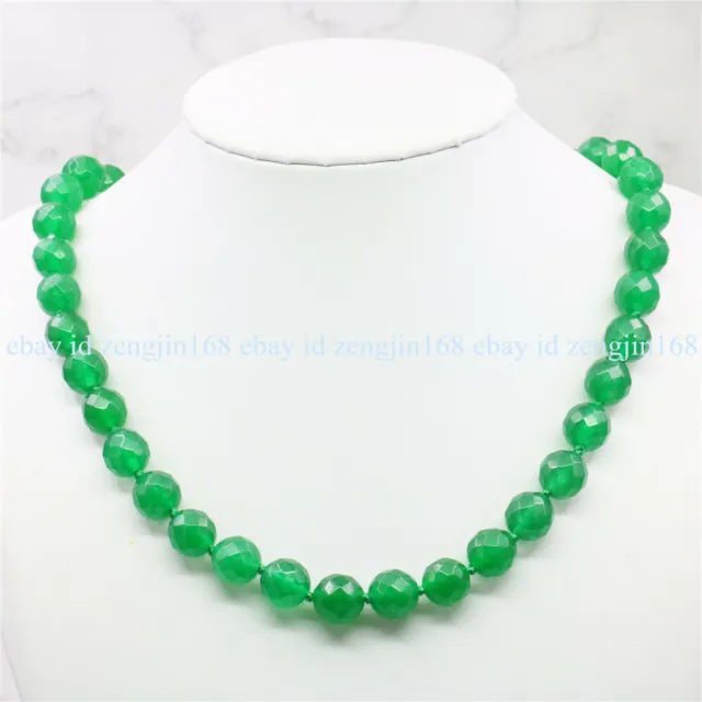 Natural 10mm Faceted Green Jade Gemstone Round Beads Necklace 18" AAA+