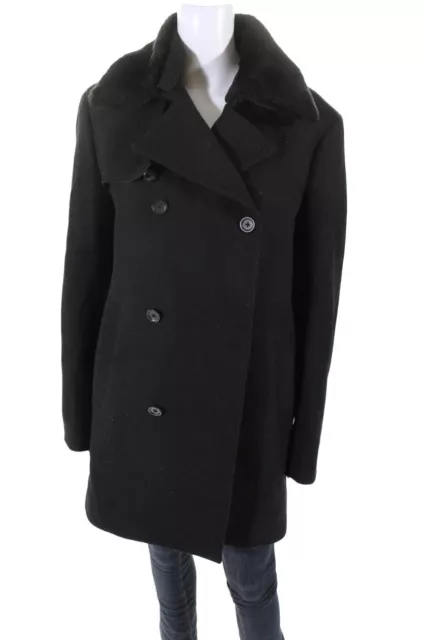 Theory Womens Faux Fur Collar Double Breasted Peacoat Black Size Large