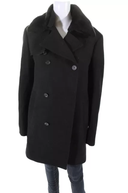 Theory Womens Faux Fur Collar Double Breasted Peacoat Black Size Large Theory Womens Faux Fur Collar Double Breasted Peacoat Black Size Large