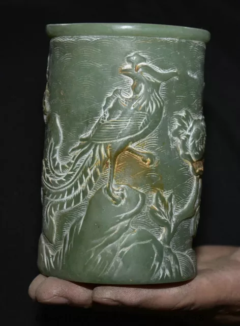 5" Old Chinese Green Jade Carving Dynasty Phoenix Flower Brush pot Statue