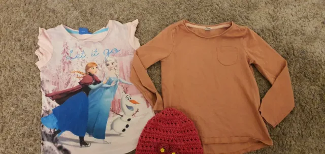 Girls Bundle frozen disney tshirt and longsleeves top and hat Age 5-6