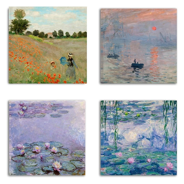 Lot De 4 Tableaux Claude Monet Sur Toile - 30x30 Cm Chacun, Cadre Bois 2 Cm - Prêts à Accrocher, Décoration Salon, Chambre, Cuisine - 9