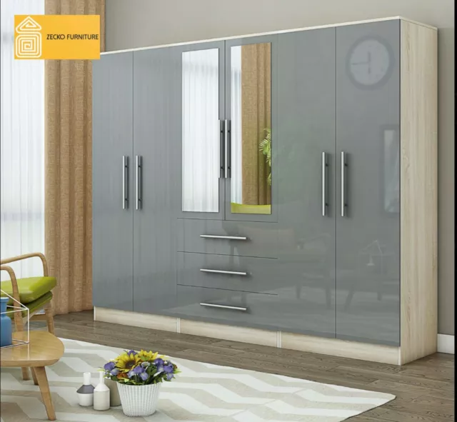 Large 6 Door mirrored HIGH GLOSS GREY fitment wardrobe, 3 drawer, FREE SHIPPING