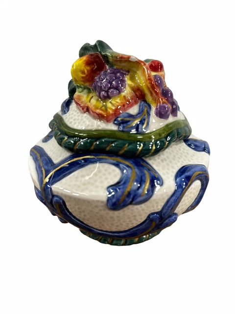 Fitz and Floyd Florentine Candy Bowl/Dish Lidded Blue Green Colorful Fruit Read