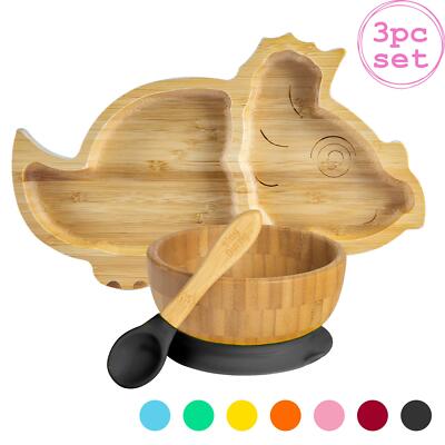 bol cuillère et Ventouse noire écologique Bamboo Plate Bamboo Unicorn pour enfants 